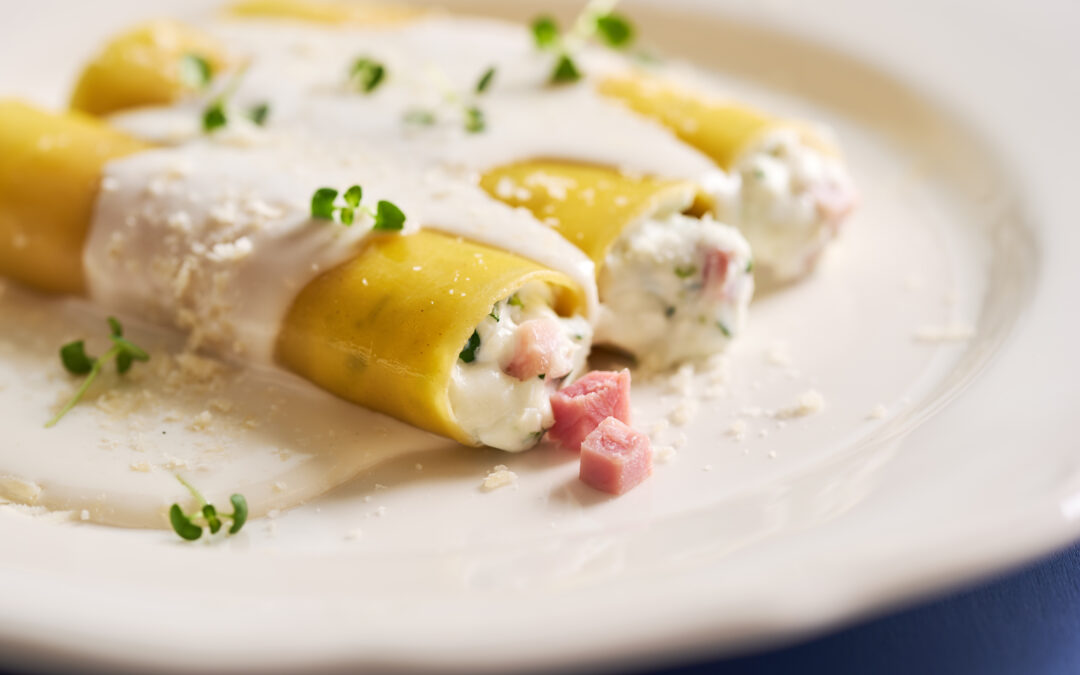 Eleganza al forno: cannelloni con ricotta, erbette e dadolata di Prosciutto Cotto Soave